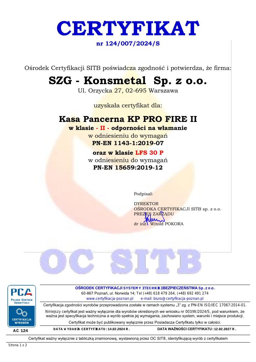 Podgląd certyfikatu Kasa pancerna ognioodporna KP PRO FIRE II