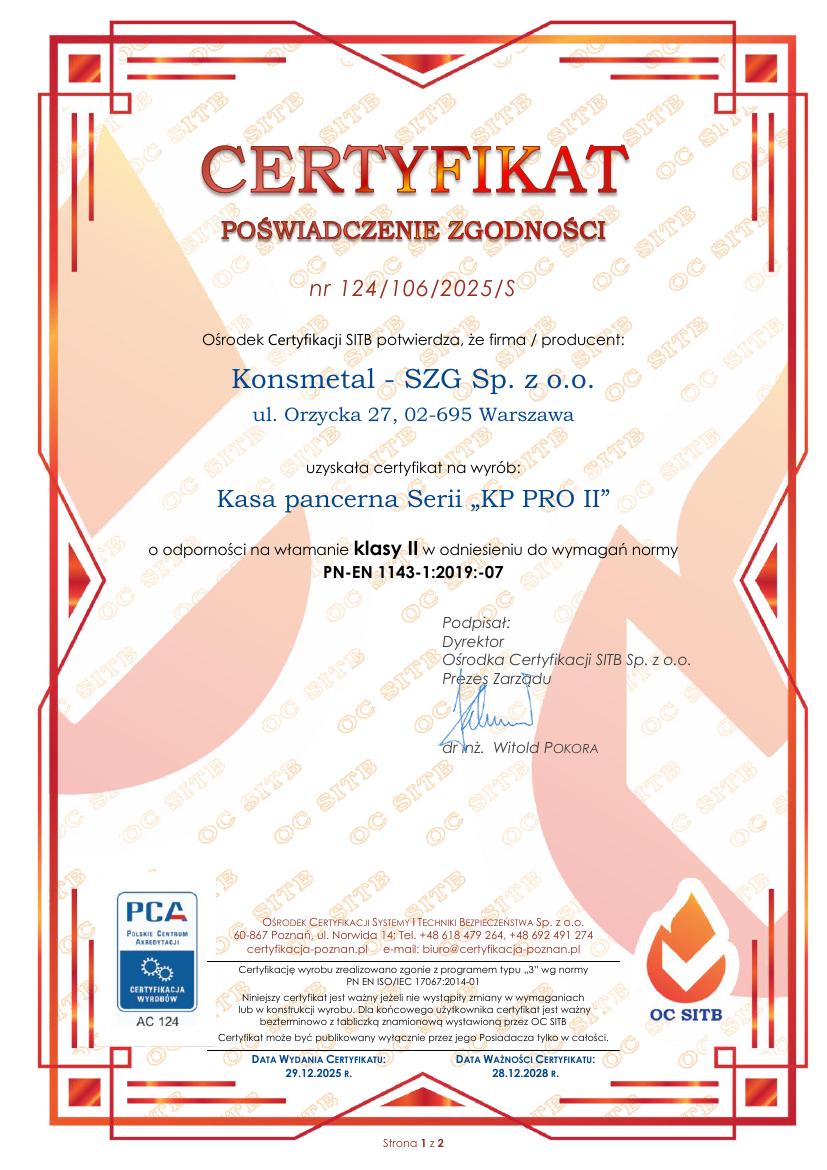 Podgląd certyfikatu Kasa pancerna KP PRO II