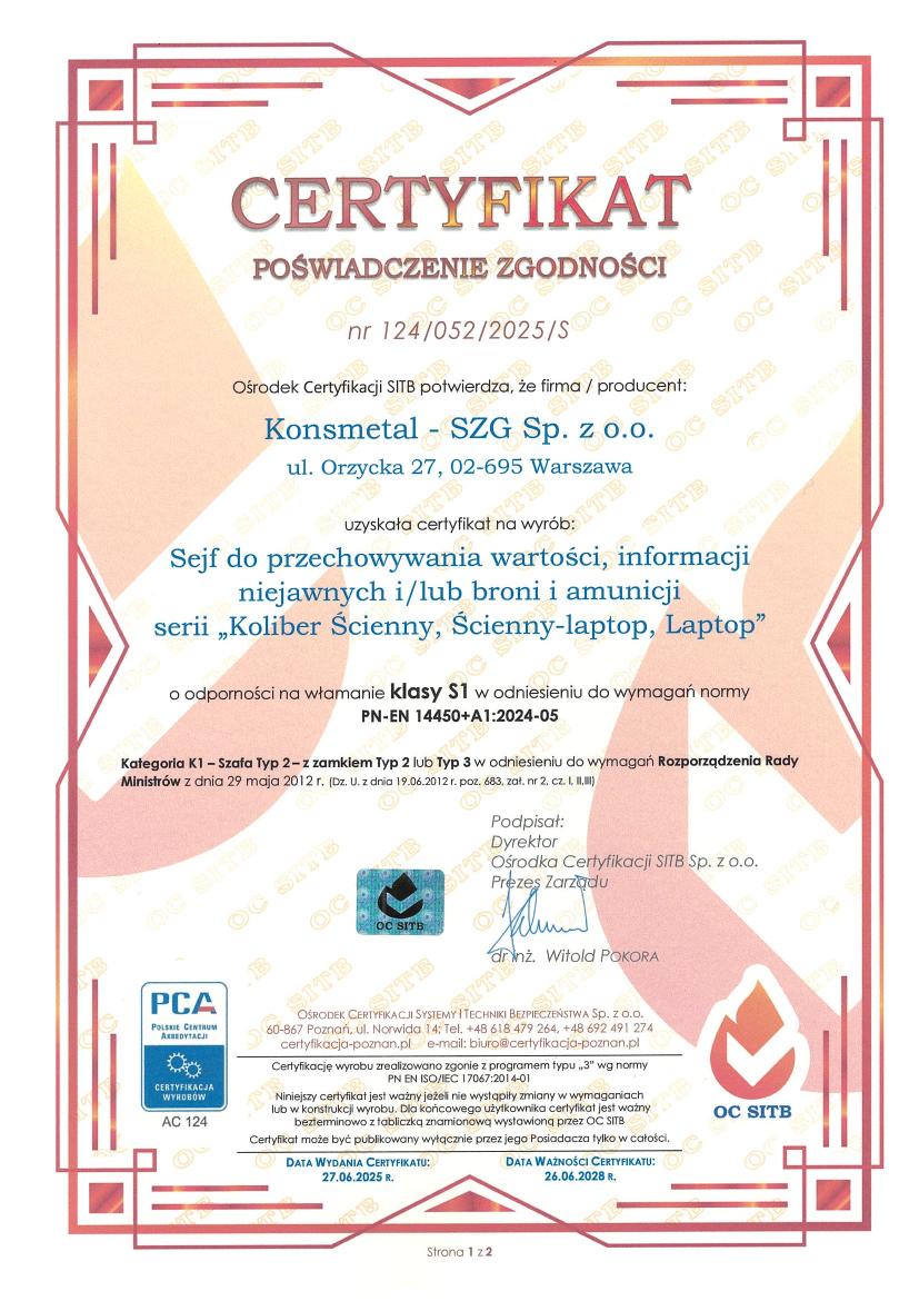 Podgląd certyfikatu Sejf Koliber Ścienny / Laptop