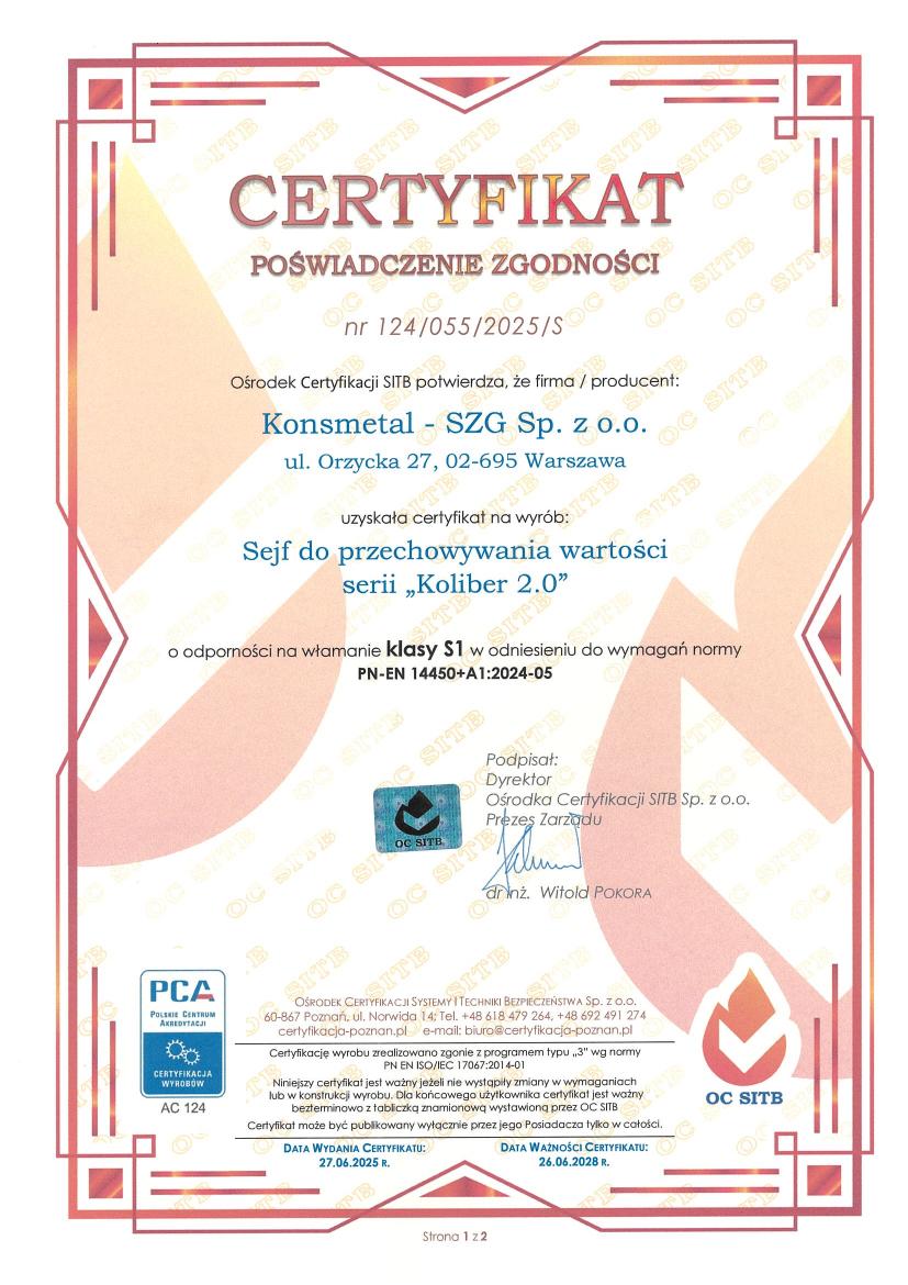 Podgląd certyfikatu Sejf Koliber 2.0