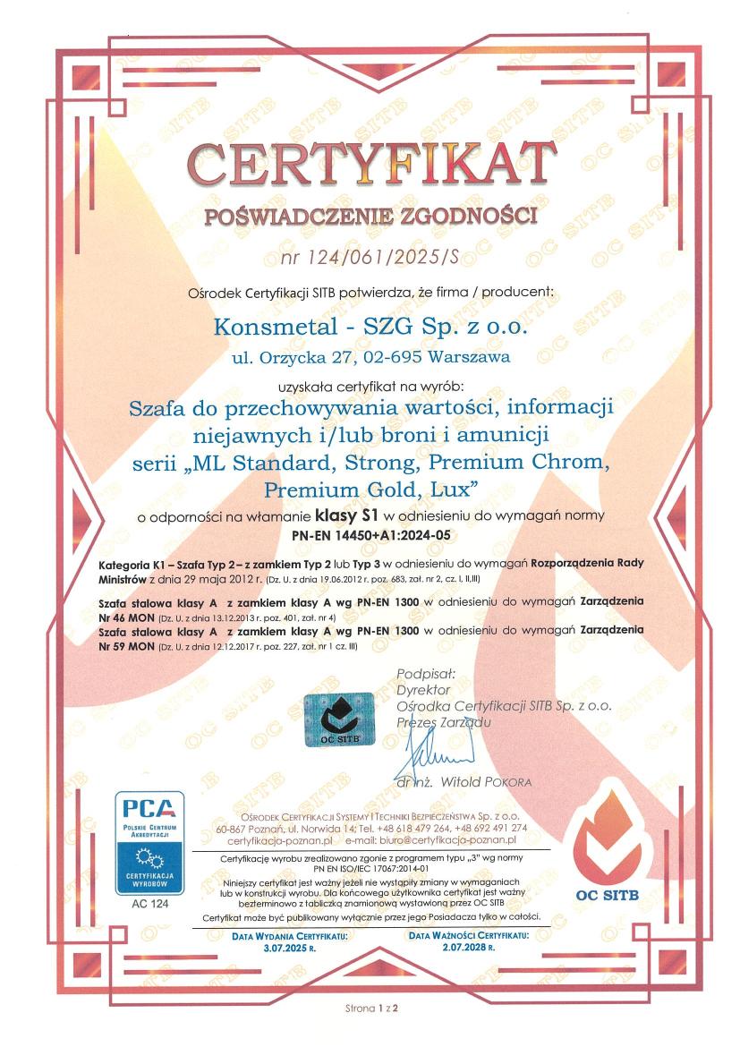 Podgląd certyfikatu Sejf ML Standard / Strong / Premium / Lux