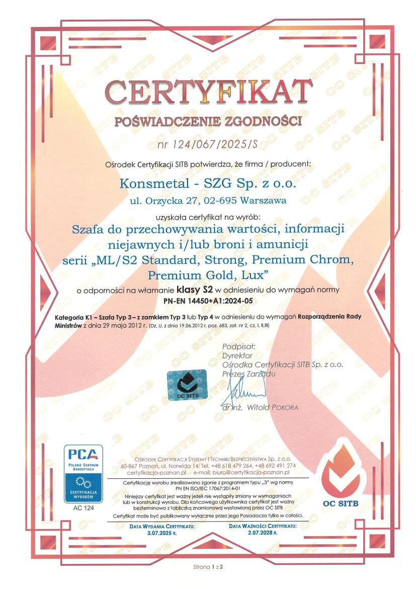 Podgląd certyfikatu Sejf ML/S2 Standard / Strong / Premium / Lux
