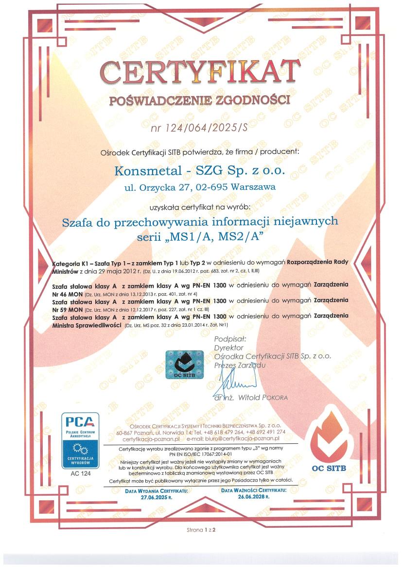 Podgląd certyfikatu Szafa MS klasa A