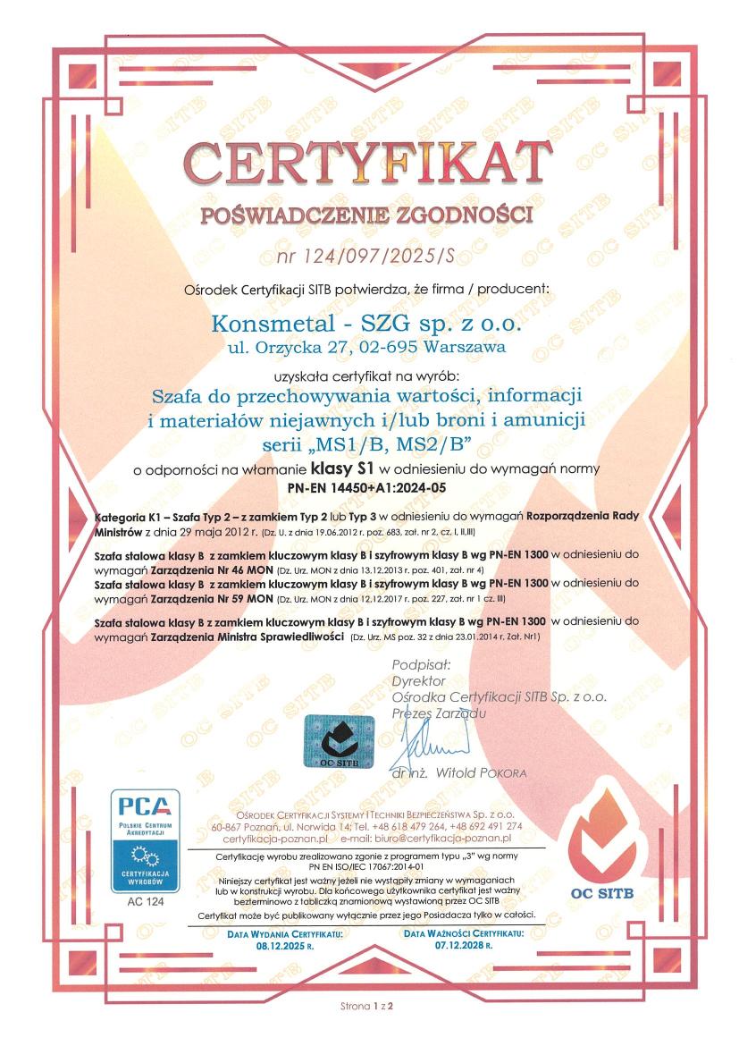 Podgląd certyfikatu Szafa MS klasa B