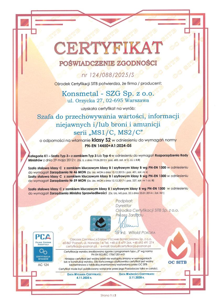 Podgląd certyfikatu Szafa MS klasa C