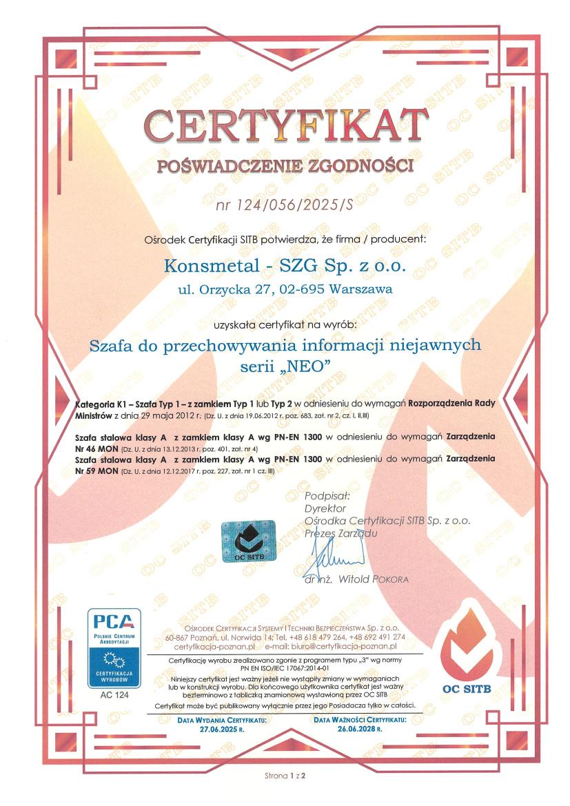 Podgląd certyfikatu Szafa NEO na informacje niejawne