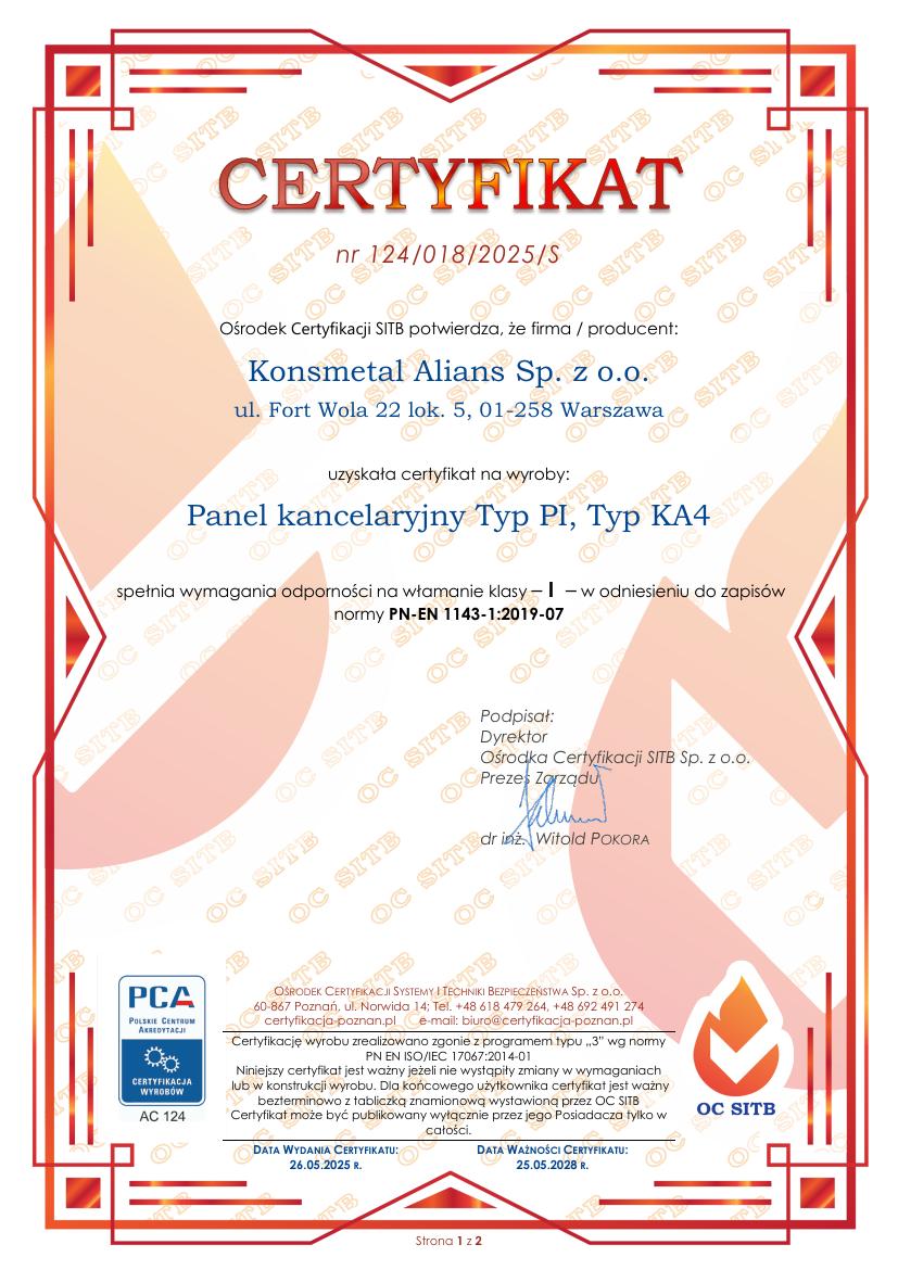 Podgląd certyfikatu Panel kancelaryjny Typ PI / Typ KA4