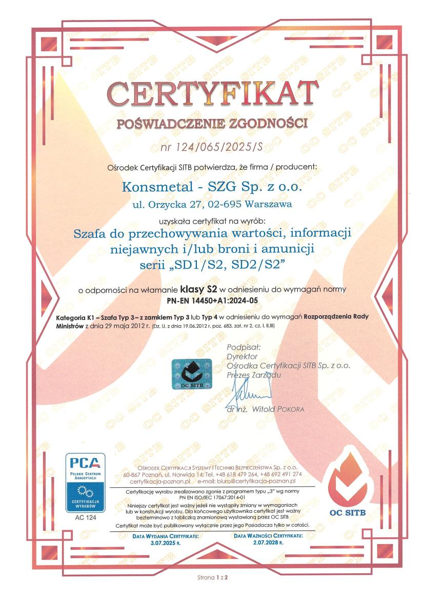 Podgląd certyfikatu Szafa SD klasa S2
