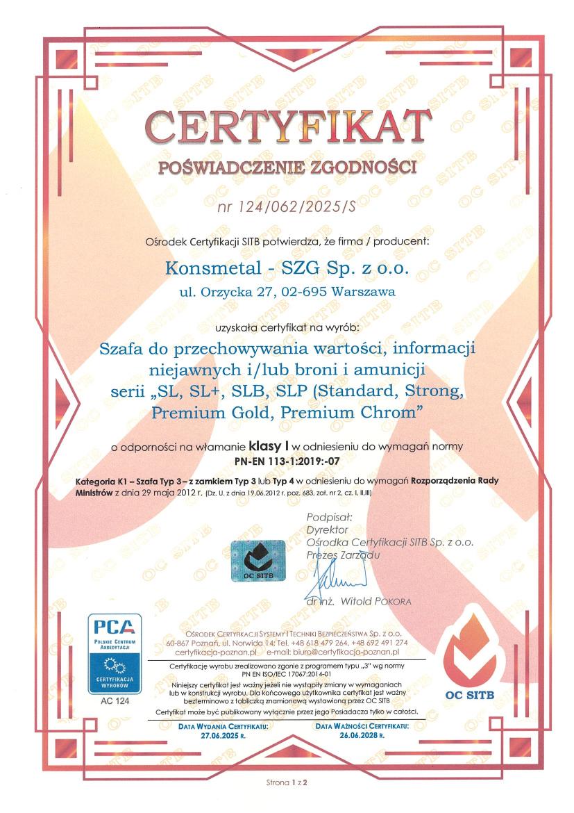 Podgląd certyfikatu Sejf SL / SL+ / SLB / SLP
