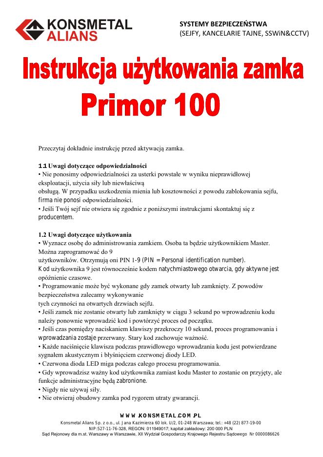 Podgląd: Zamek elektroniczny Primor 100