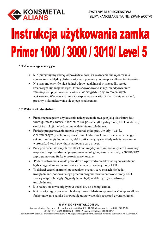 Podgląd: Zamek elektroniczny Primor 1000 / 3000 / 3010 / Level 5